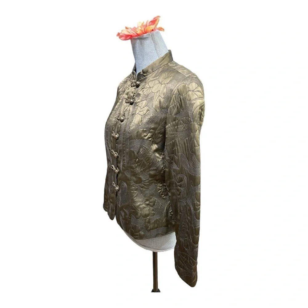 Coldwater Creek Luxe Quilted Silk Jacket Blazer Olive Green SP Mandarin Collar